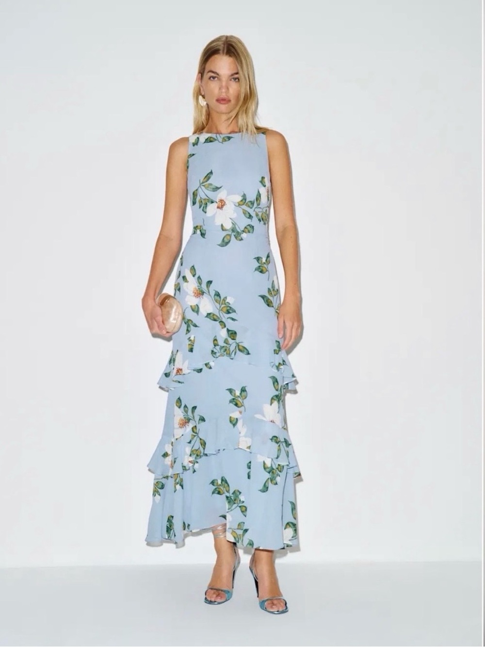 Reformation Sky Blue Floral Ruffle Maxi Dress
